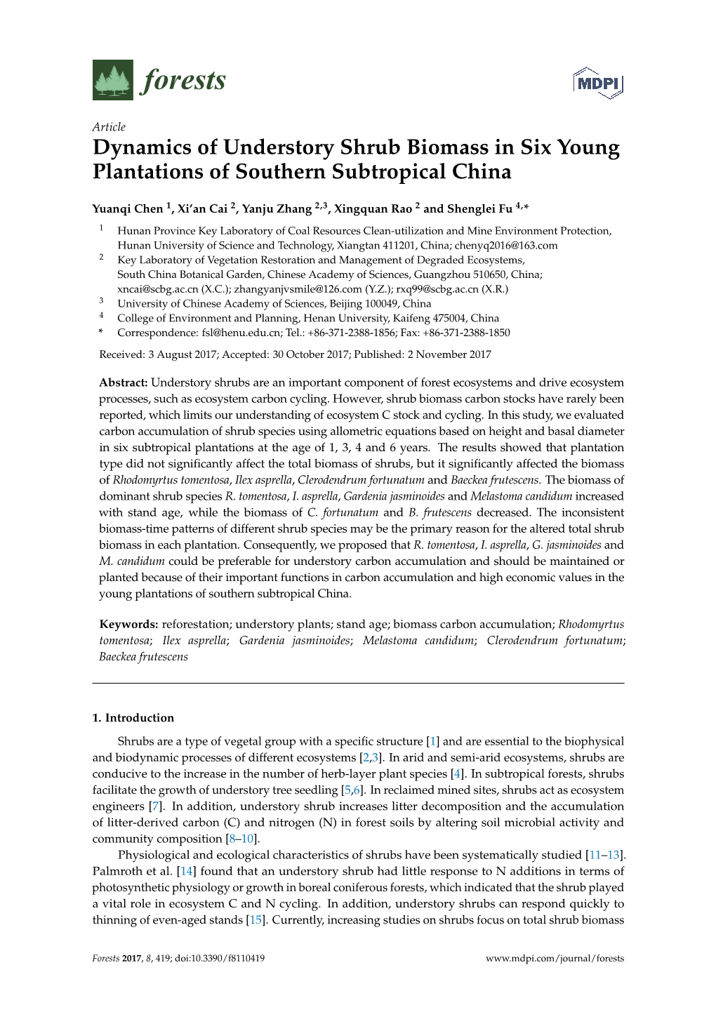Dynamics of Understory Shrub Biomass in Six Young Plantations of Southern Subtropical China