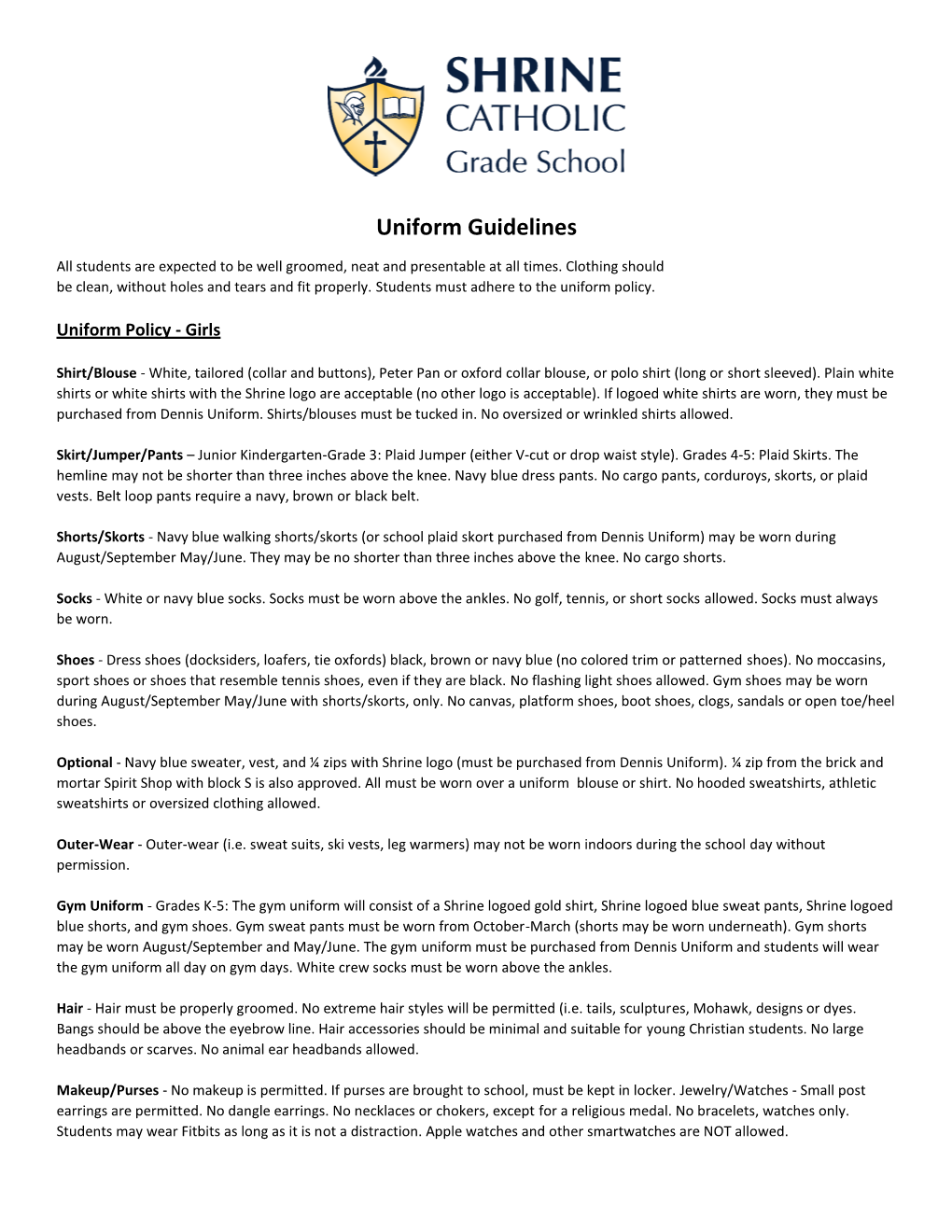 Grade School Uniform Guidelines