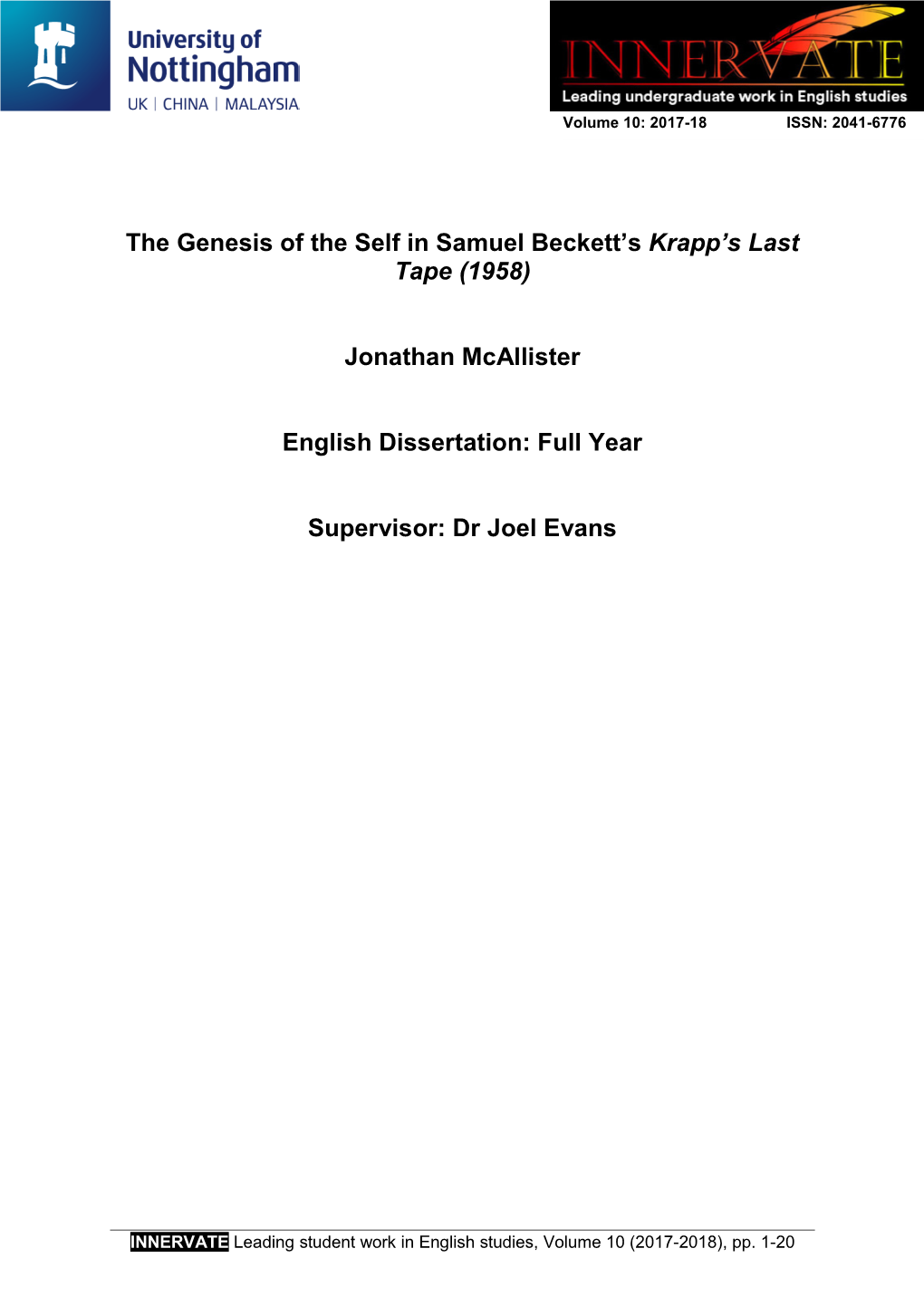 The Genesis of the Self in Samuel Beckett's Krapp's Last Tape (1958