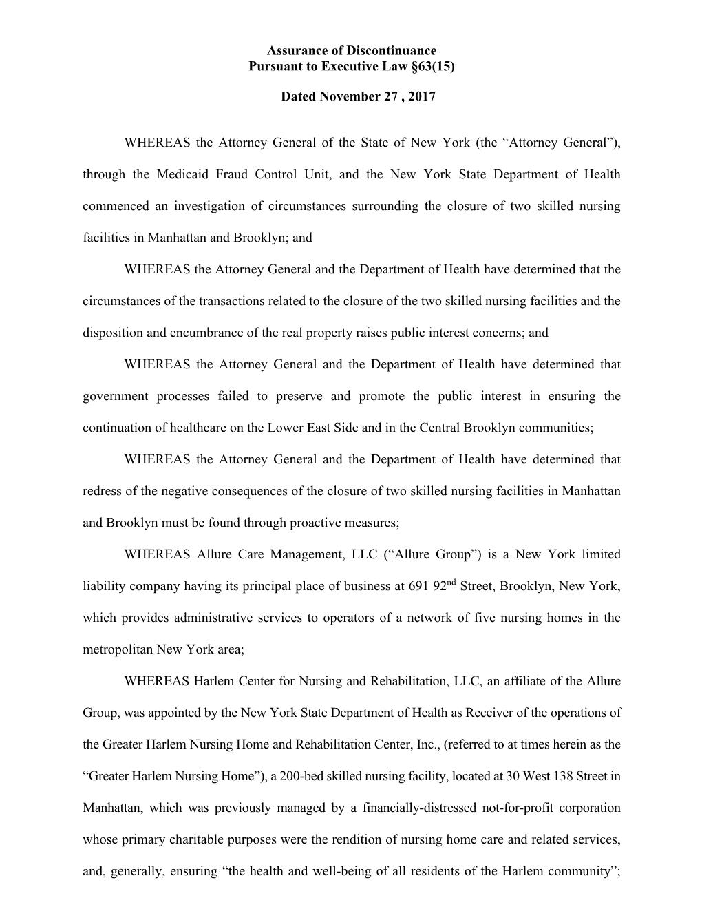 Assurance of Discontinuance Pursuant to Executive Law §63(15) Dated November 27 , 2017 WHEREAS the Attorney General of the Stat