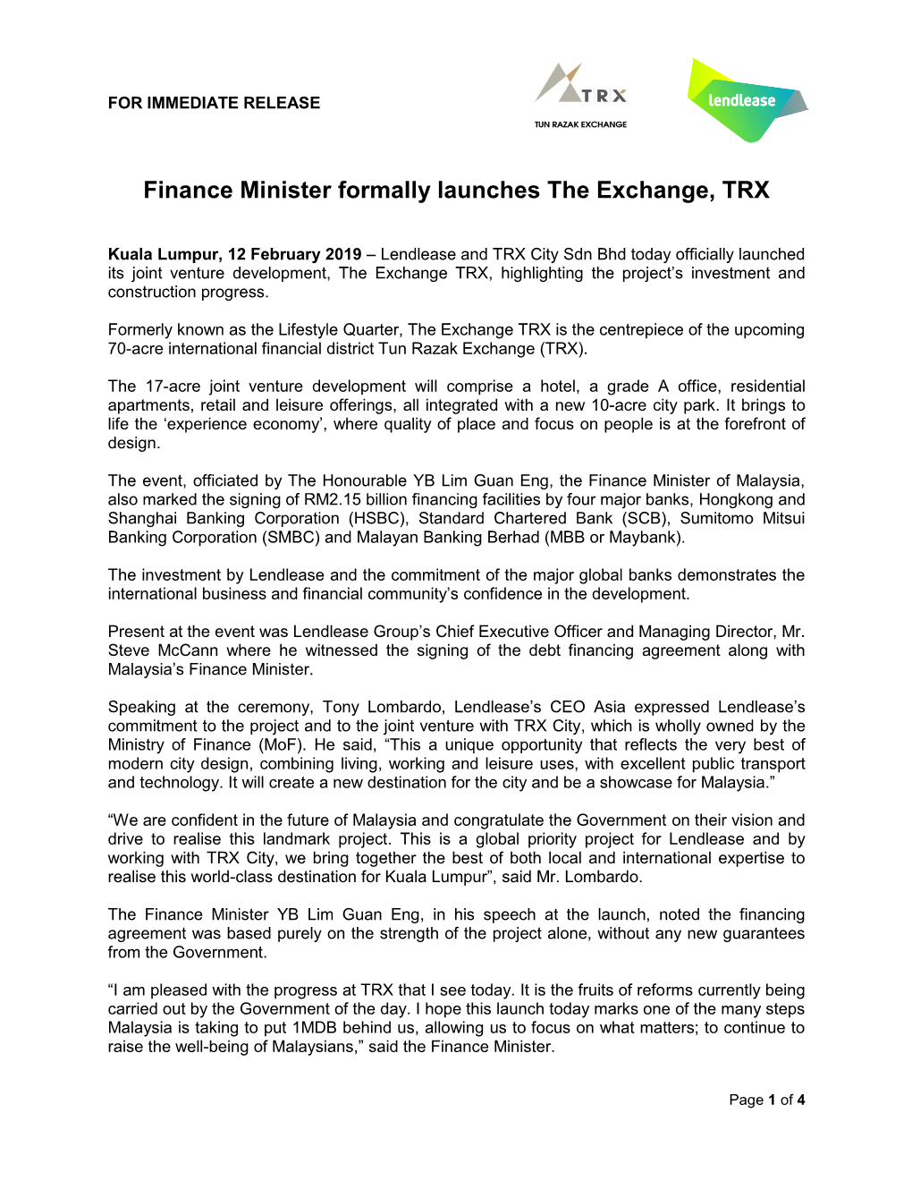 Finance Minister Formally Launches the Exchange, TRX