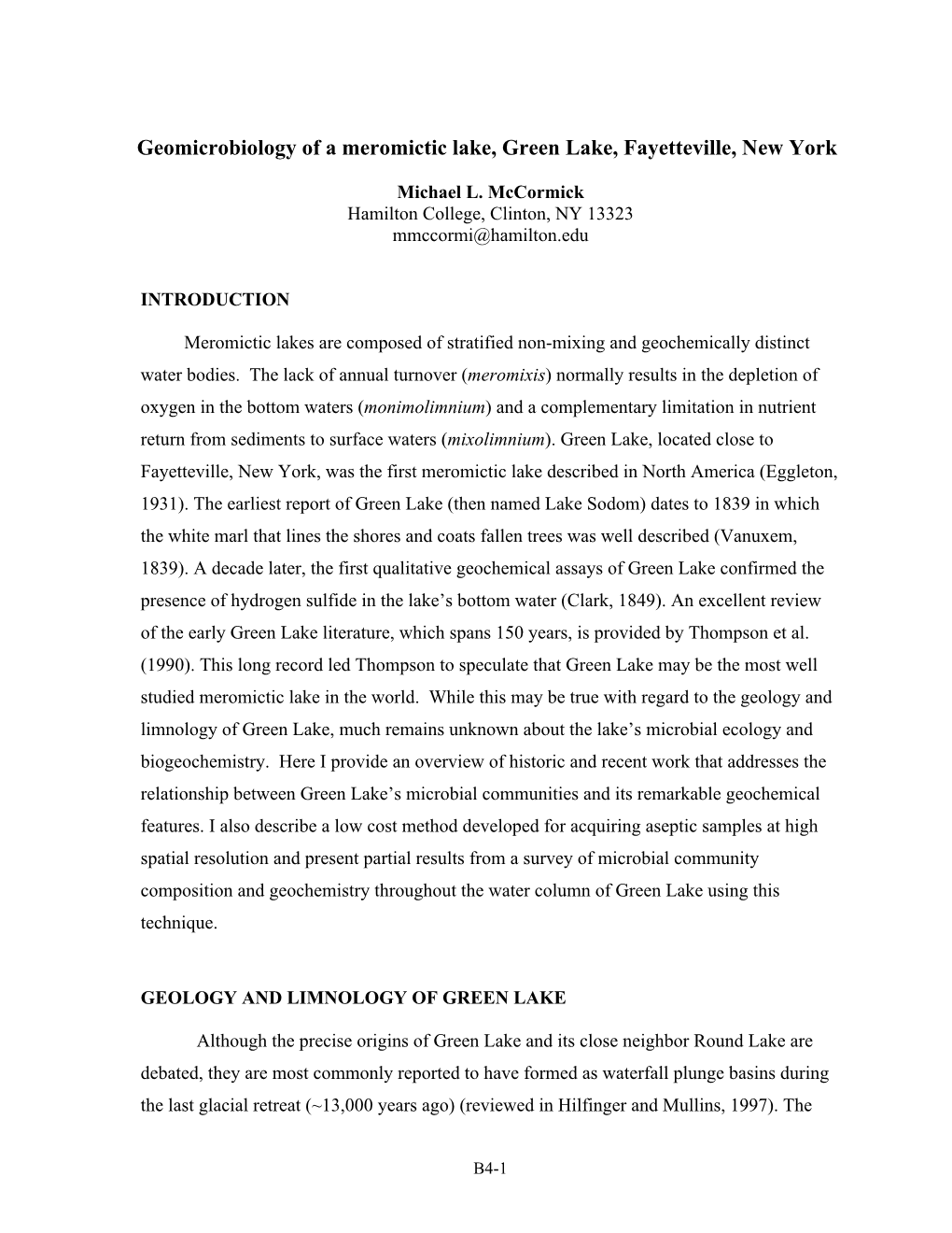 Geomicrobiology of a Meromictic Lake, Green Lake, Fayetteville, New York