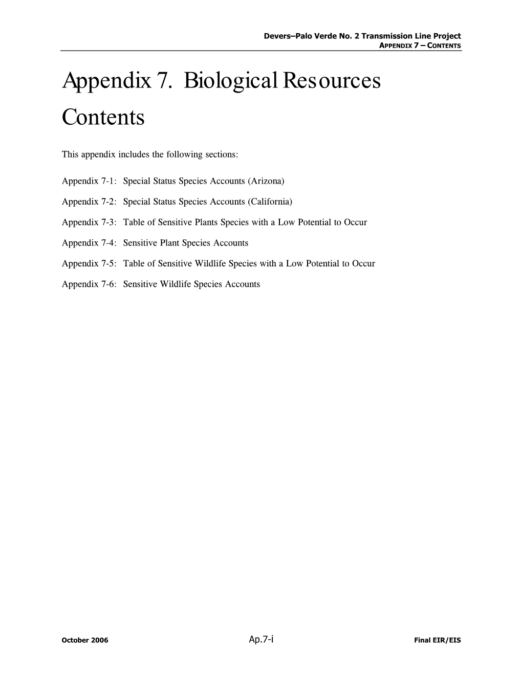 Appendix 7. Biological Resources Contents