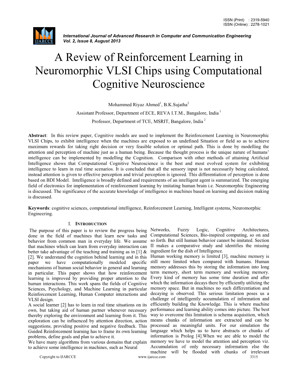 A Review of Reinforcement Learning in Neuromorphic VLSI Chips Using Computational Cognitive Neuroscience