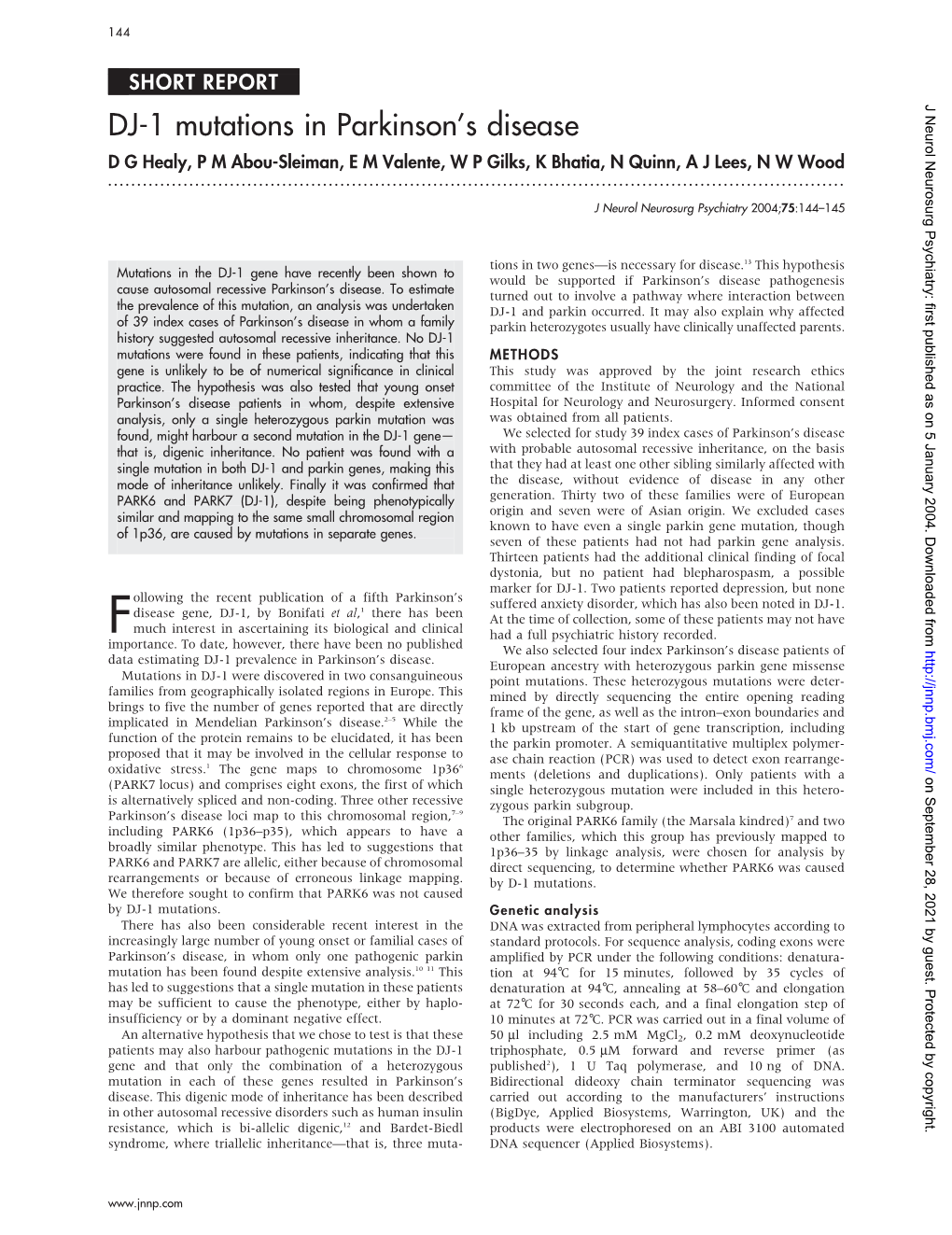 DJ-1 Mutations in Parkinson's Disease