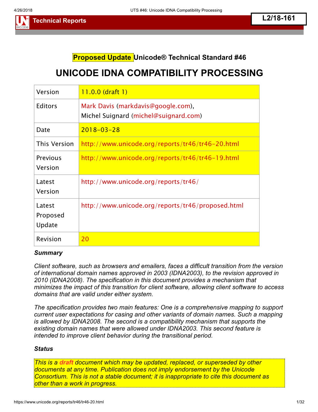 Unicode IDNA Compatibility Processing Technical Reports