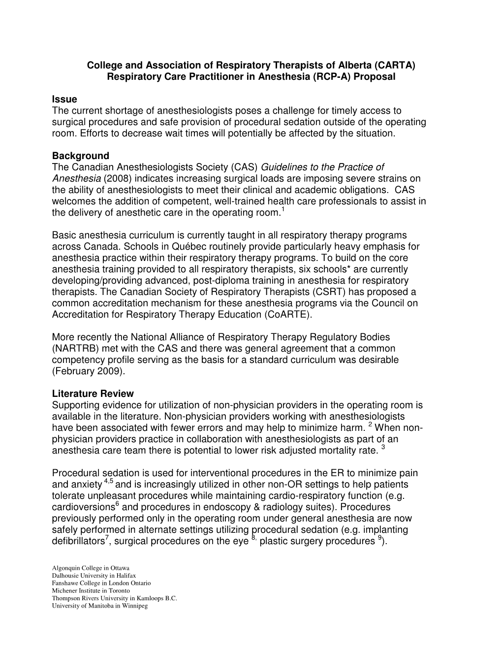 (CARTA) Respiratory Care Practitioner in Anesthesia (RCP-A) Proposal