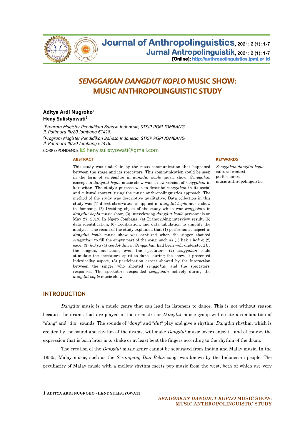 Journal of Anthropolinguistics, 2021; 2 (1): 1-7 Jurnal Antropolinguistik, 2021; 2 (1): 1-7 [Online]