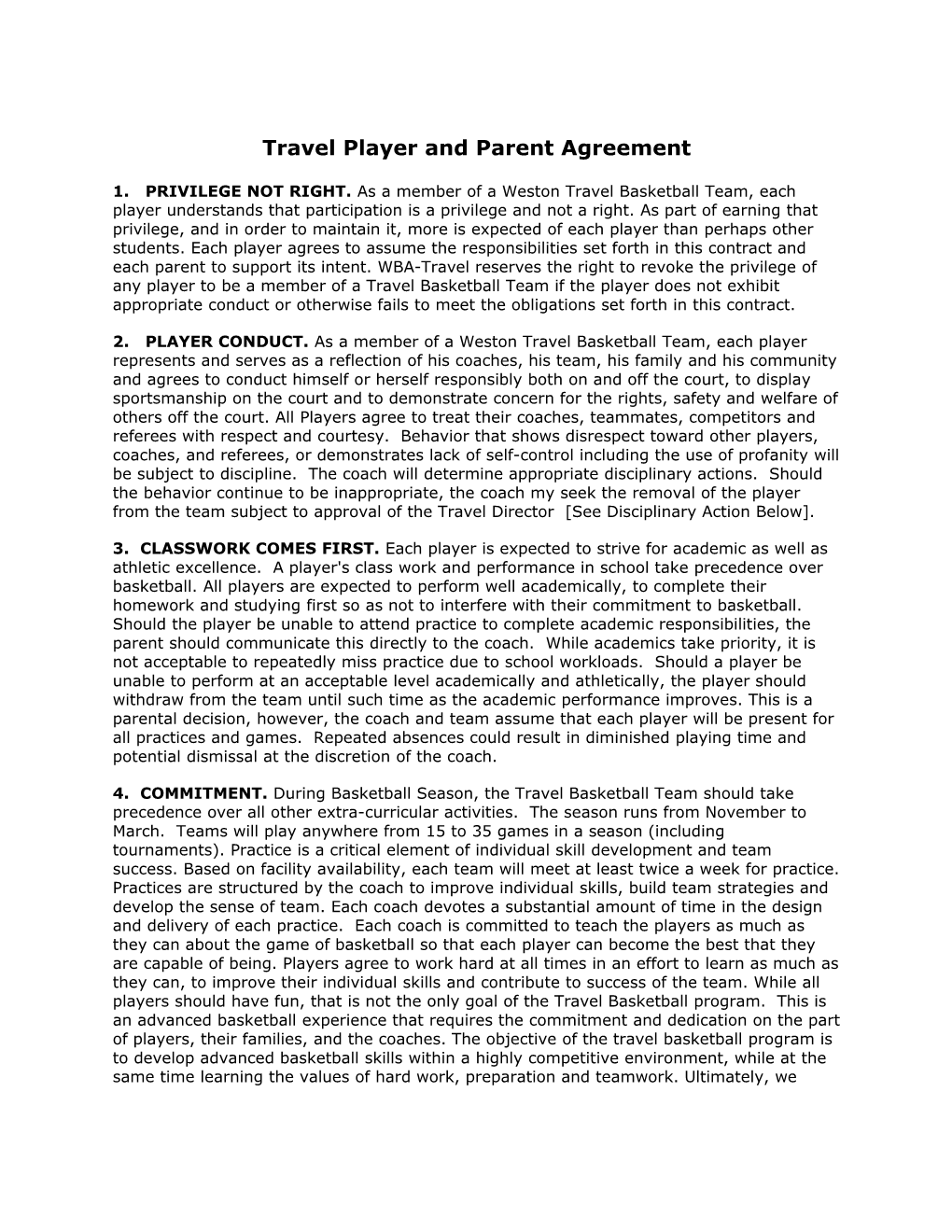 Travel Player and Parent Agreement