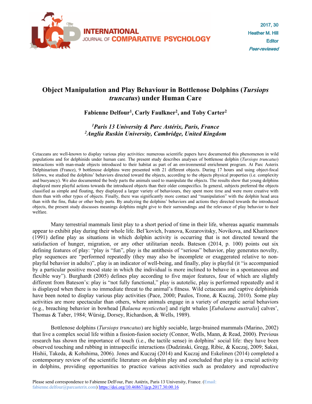 Object Manipulation and Play Behaviour in Bottlenose Dolphins (Tursiops Truncatus) Under Human Care