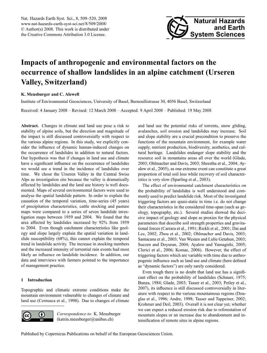 Impacts of Anthropogenic and Environmental Factors on the Occurrence of Shallow Landslides in an Alpine Catchment (Urseren Valley, Switzerland)
