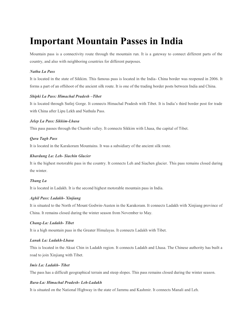 Important Mountain Passes in India