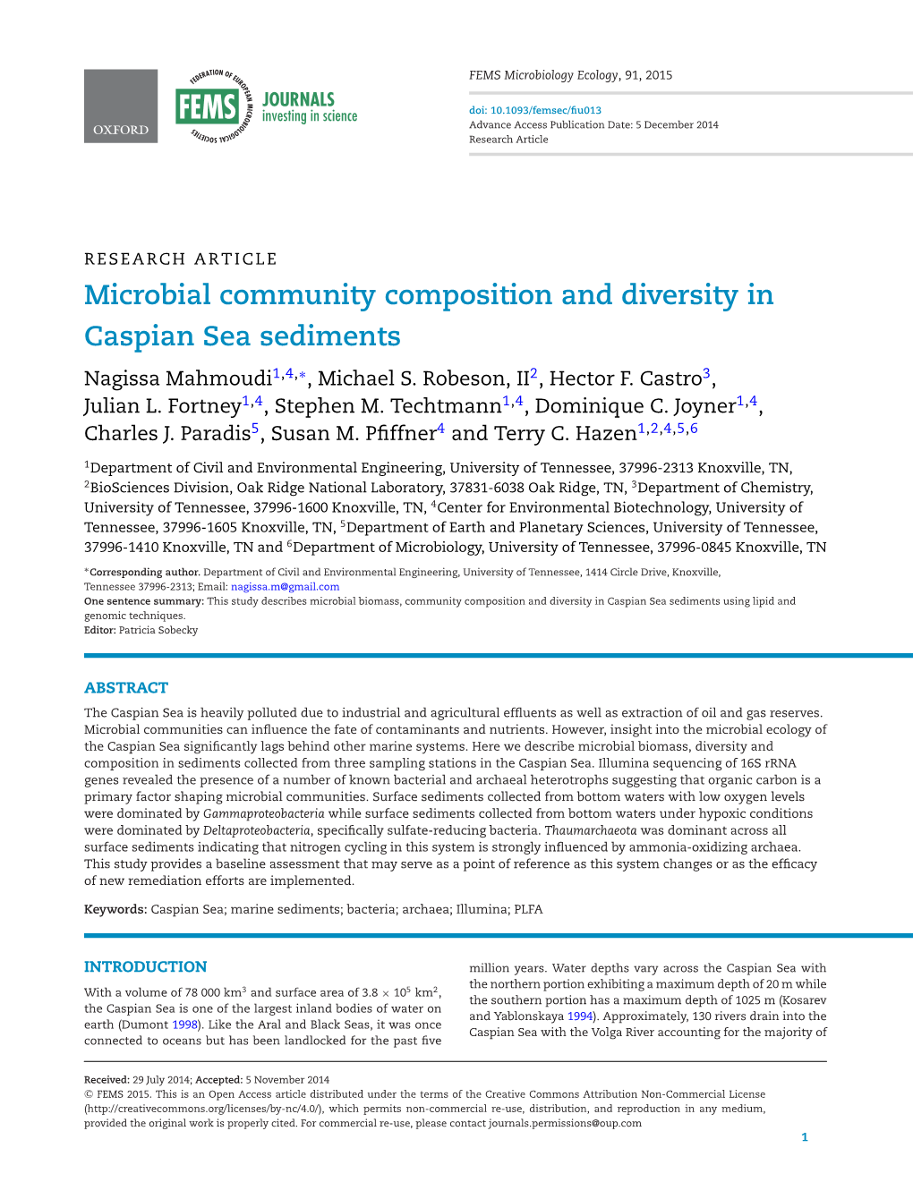 Microbial Community Composition and Diversity in Caspian Sea Sediments Nagissa Mahmoudi1,4,∗, Michael S
