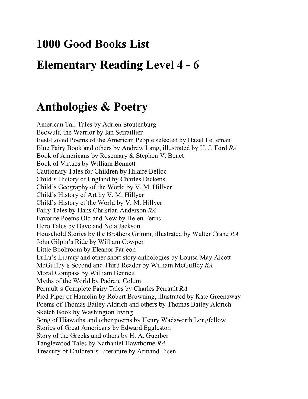 1000 Good Books List Elementary Reading Level 4 - 6