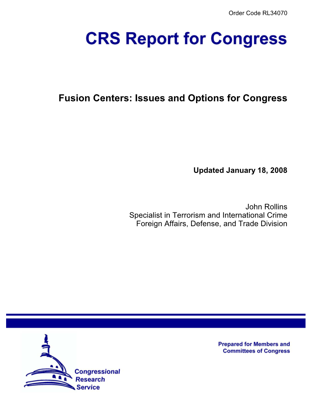 Fusion Centers: Issues and Options for Congress