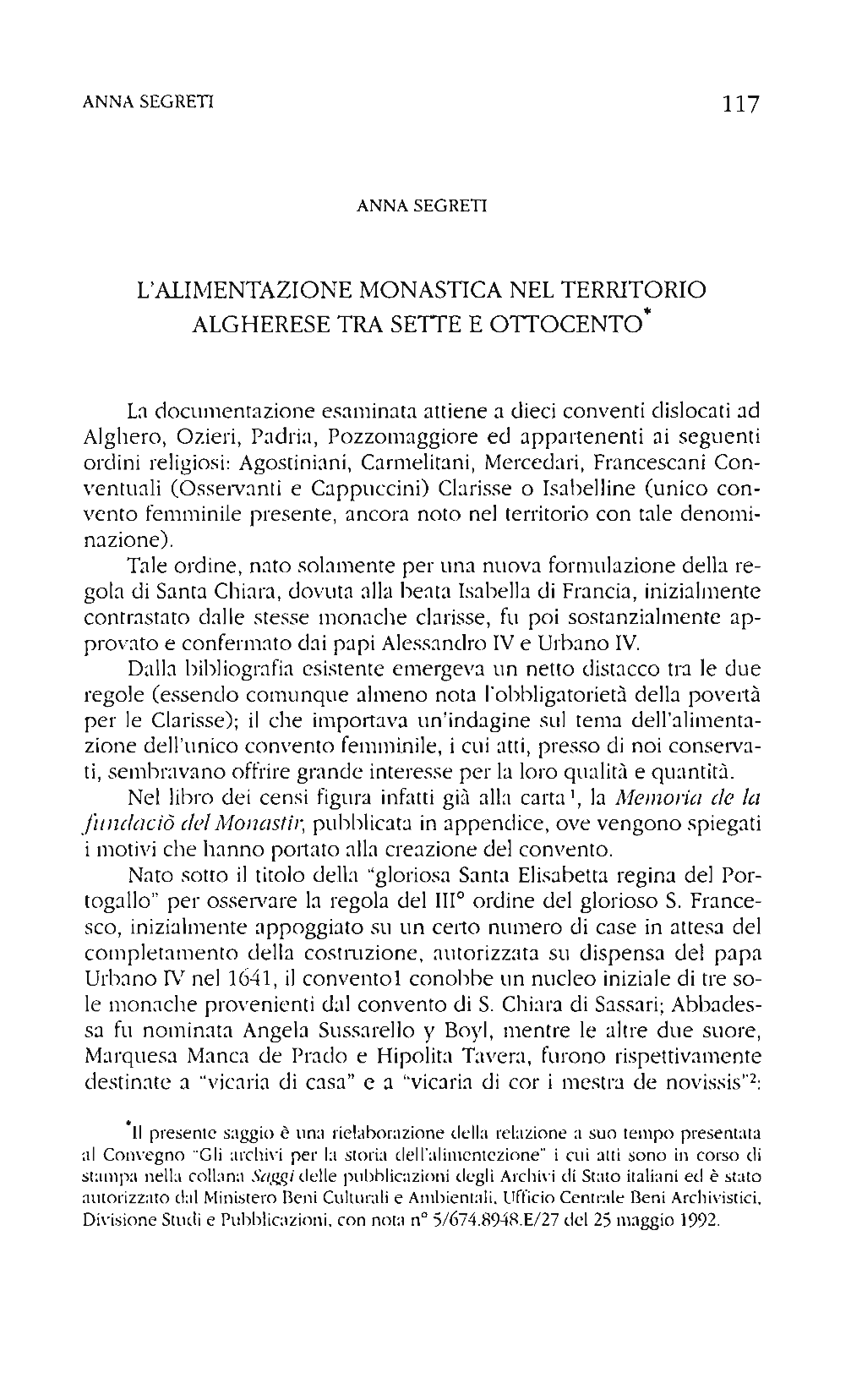 L'alimentazione Monastica Nel Territorio Algherese Tra Sette E Ottocento*