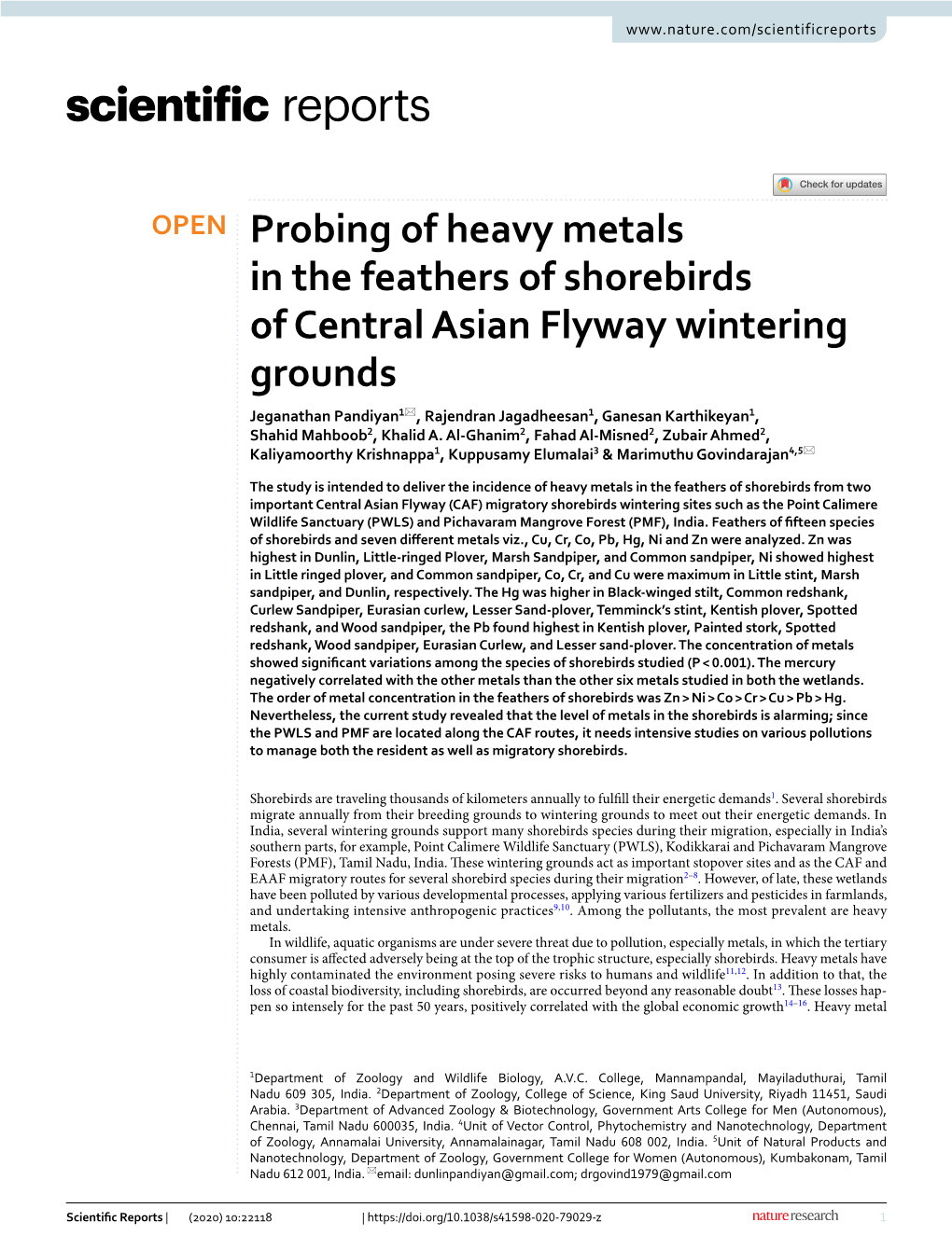 Probing of Heavy Metals in the Feathers of Shorebirds of Central Asian Flyway Wintering Grounds