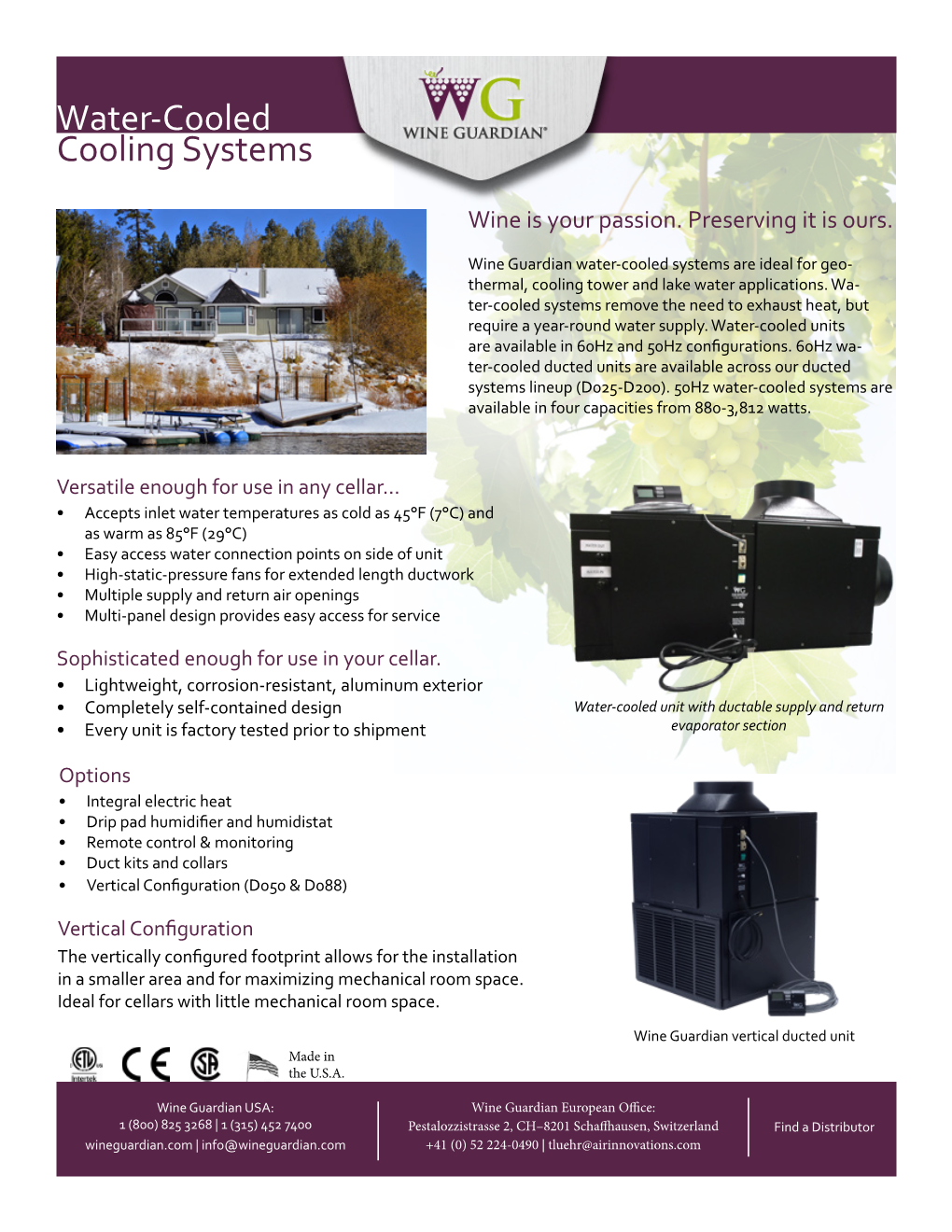 Wine Guardian Ducted Wine Cellar Cooling Units Data Sheet