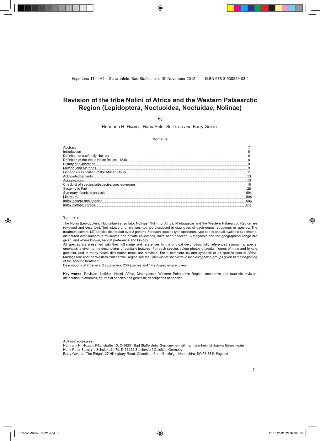 Revision of the Tribe Nolini of Africa and the Western Palaearctic Region (Lepidoptera, Noctuoidea, Noctuidae, Nolinae)