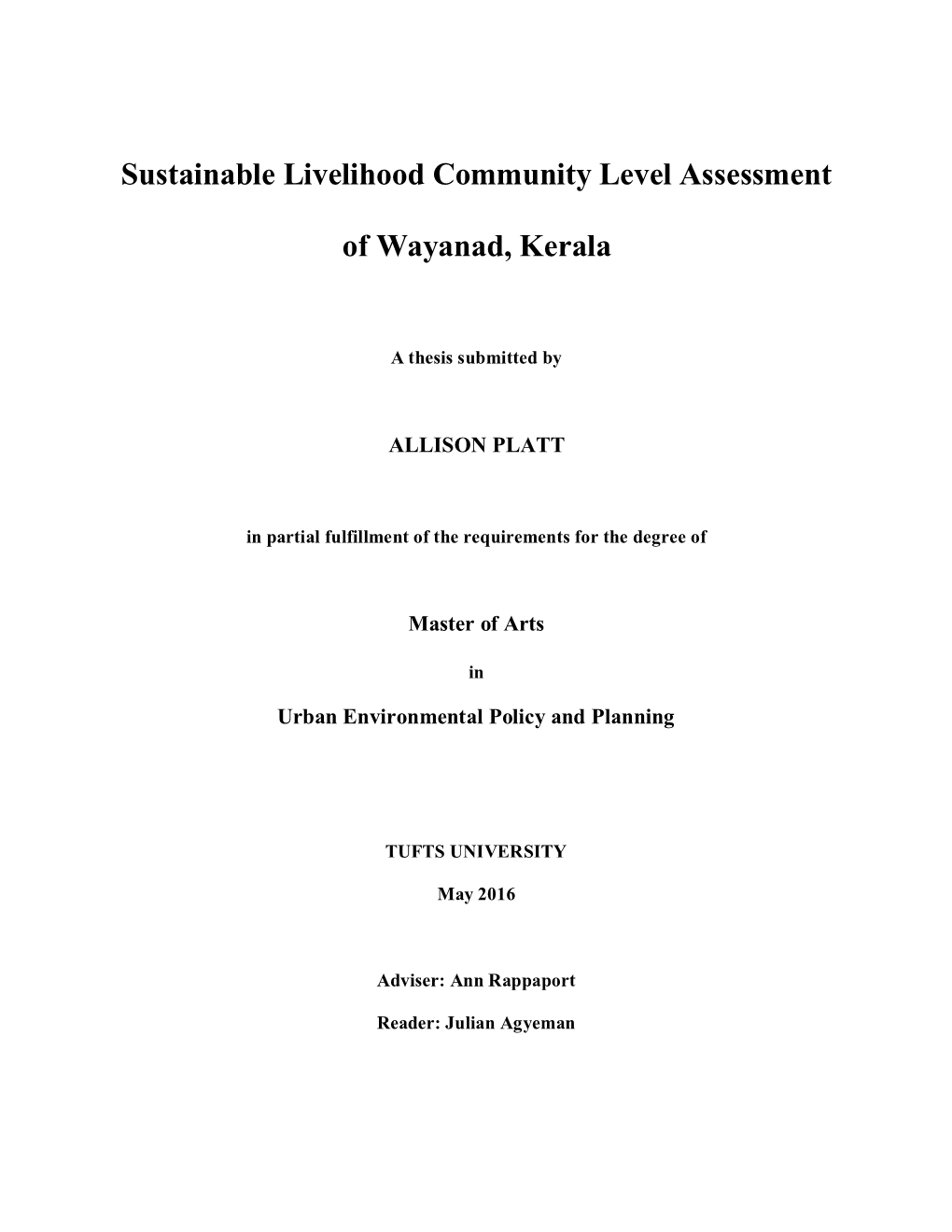 Sustainable Livelihood Community Level Assessment of Wayanad, Kerala