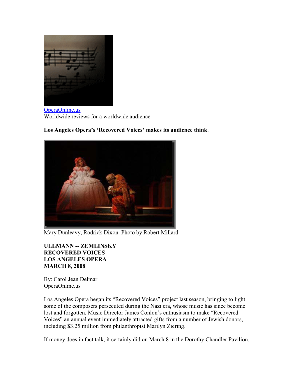 Operaonline.Us Worldwide Reviews for a Worldwide Audience Los Angeles Opera's 'Recovered Voices' Makes Its Audience Think