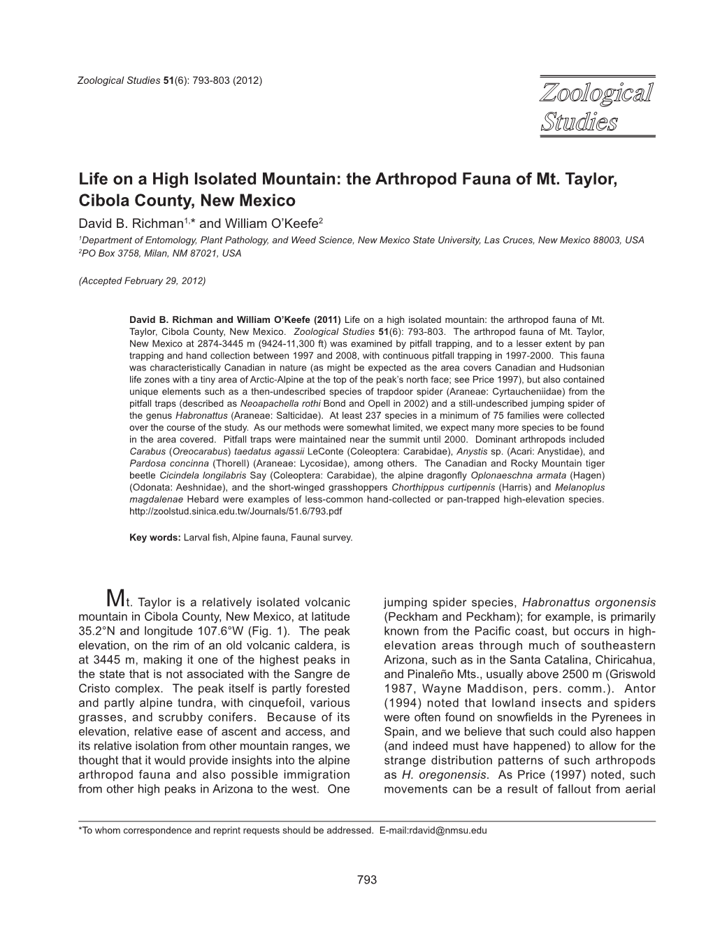 The Arthropod Fauna of Mt. Taylor, Cibola County, New Mexico David B