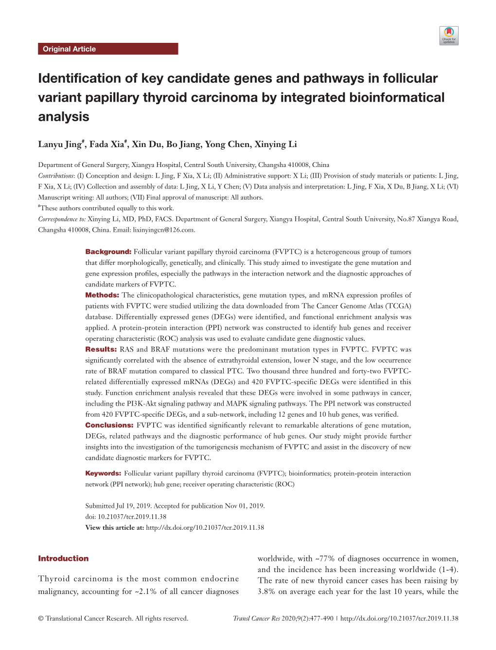 Identification of Key Candidate Genes and Pathways in Follicular Variant Papillary Thyroid Carcinoma by Integrated Bioinformatical Analysis