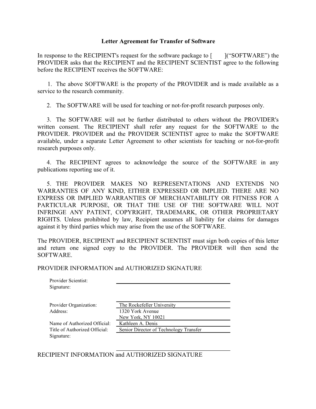 Simple Letter Agreement for Transfer of Non-Proprietary Biological Material