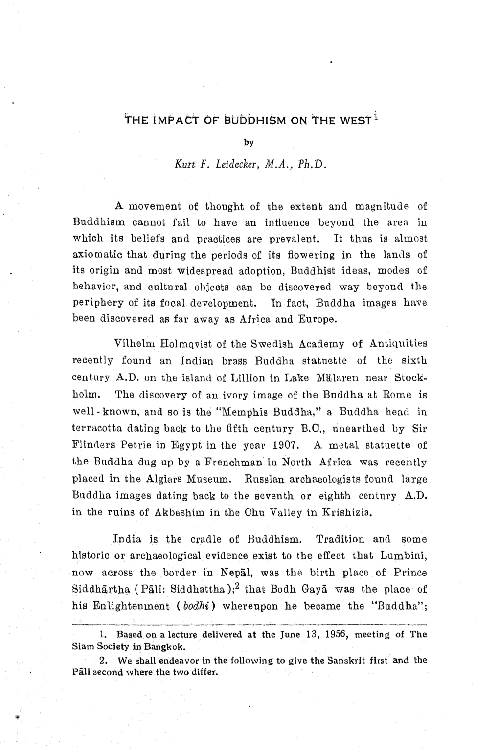 The I Mi=&gt; a C~ Of:' L3ubdhism on the WEST I Kurt F. Leidecker, M.A