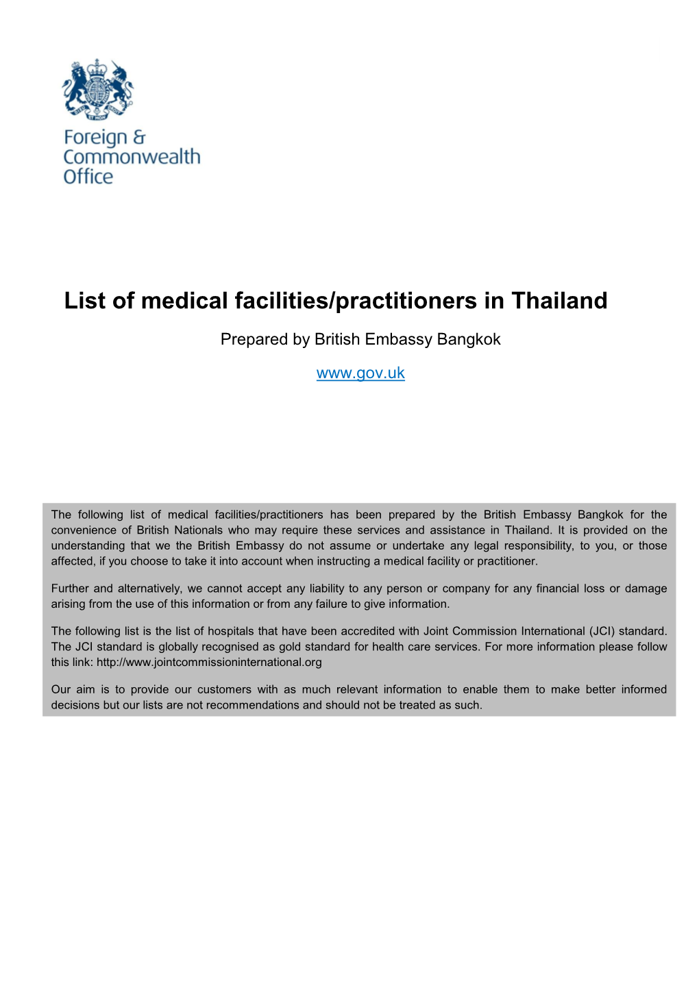 List of Medical Facilities/Practitioners in Thailand