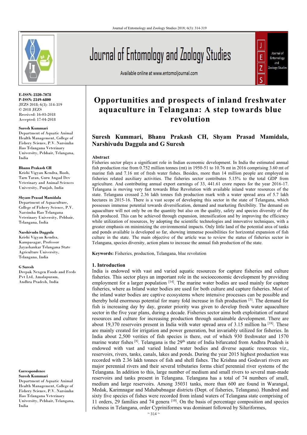 Opportunities and Prospects of Inland Freshwater Aquaculture in Telangana