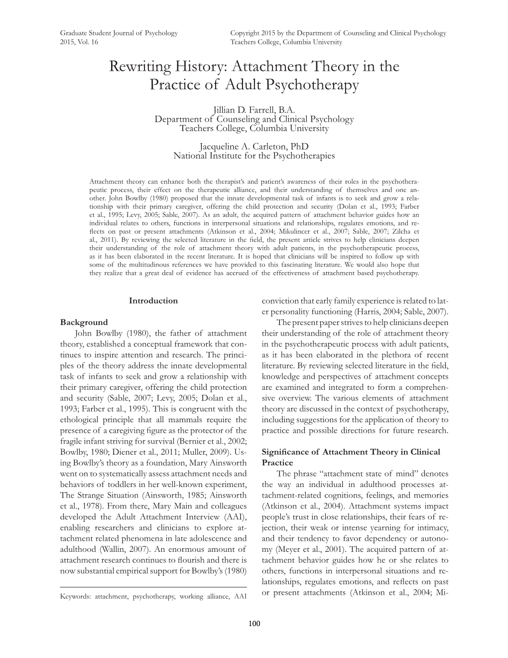 Rewriting History: Attachment Theory in the Practice of Adult Psychotherapy