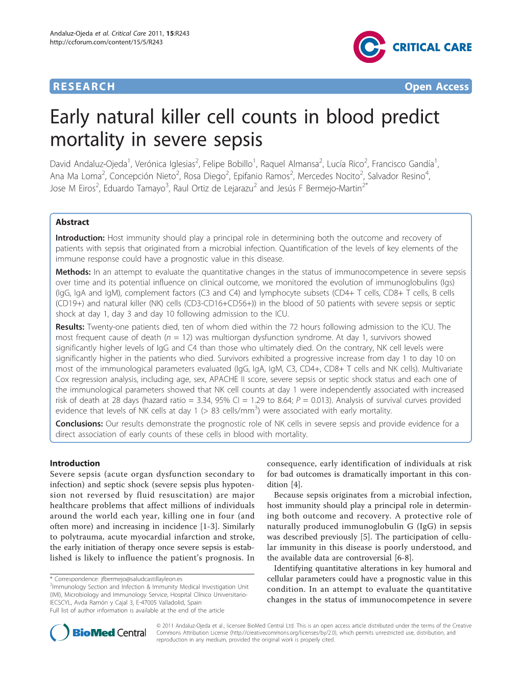 Early Natural Killer Cell Counts in Blood Predict Mortality in Severe Sepsis