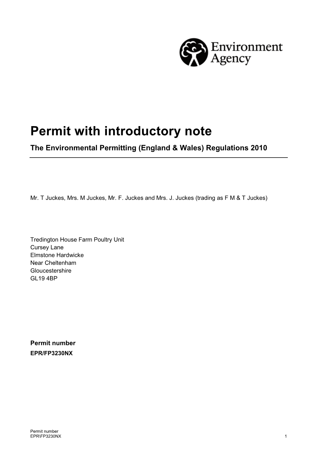 Permit with Introductory Note the Environmental Permitting (England & Wales) Regulations 2010