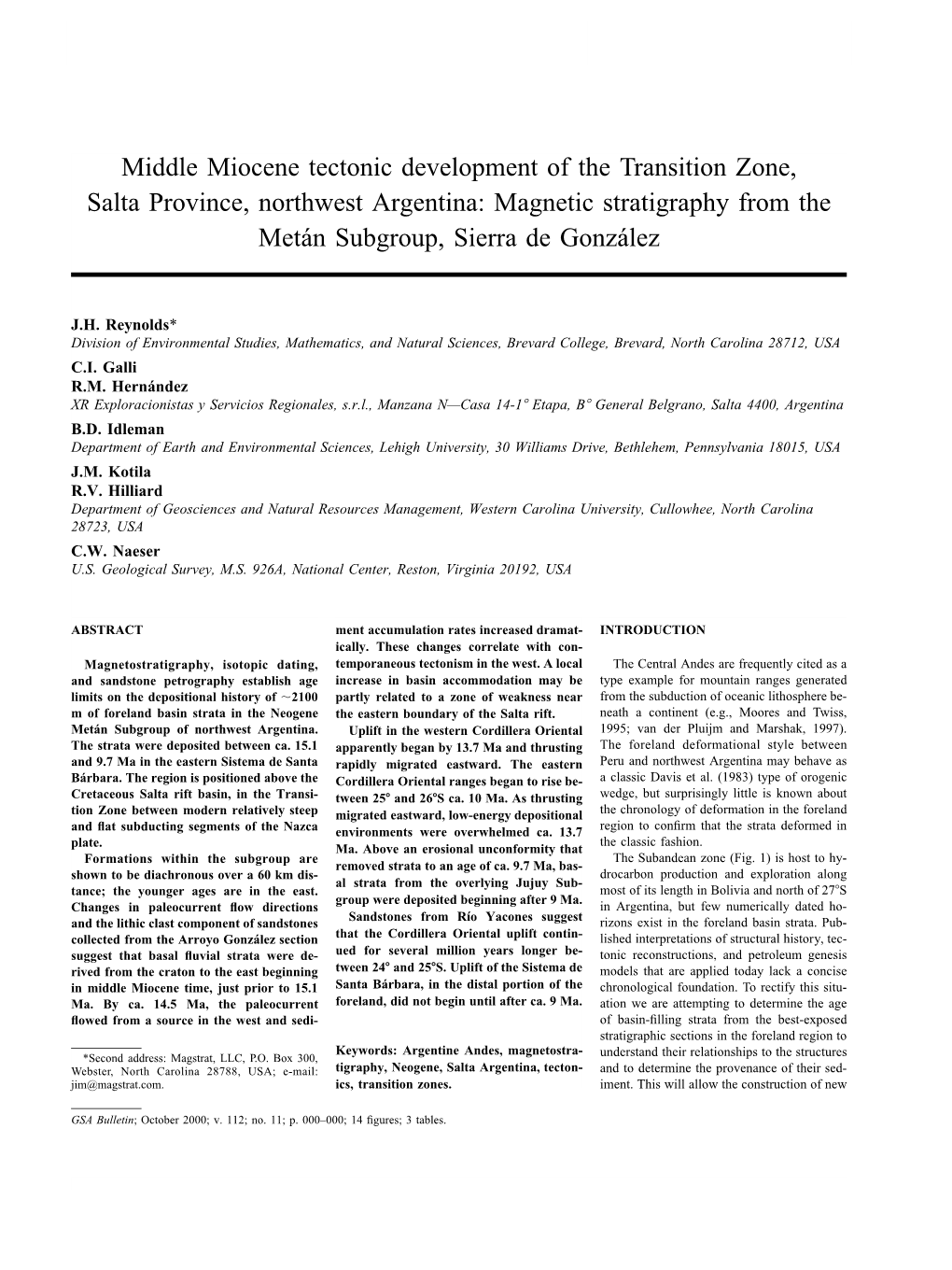 Middle Miocene Tectonic Development of the Transition Zone, Salta Province, Northwest Argentina: Magnetic Stratigraphy from the Meta´N Subgroup, Sierra De Gonza´Lez