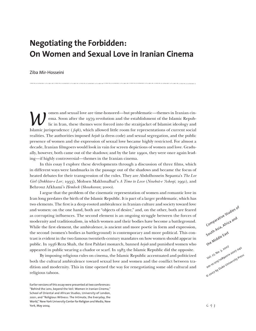 Negotiating the Forbidden: on Women and Sexual Love in Iranian Cinema