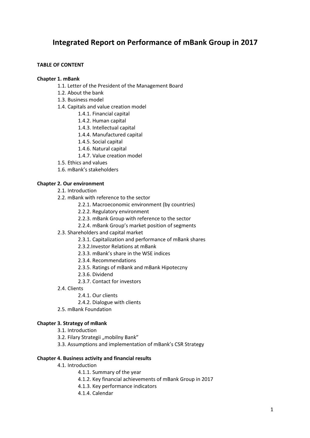 Integrated Report on Performance of Mbank Group in 2017