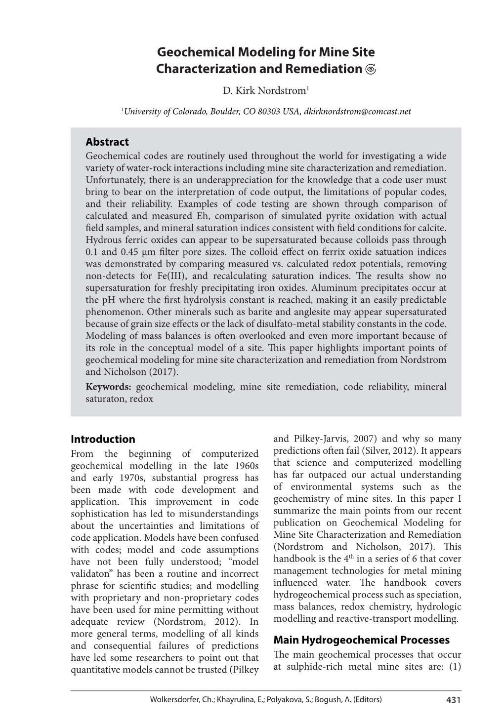 Geochemical Modeling for Mine Site Characterization and Remediation D