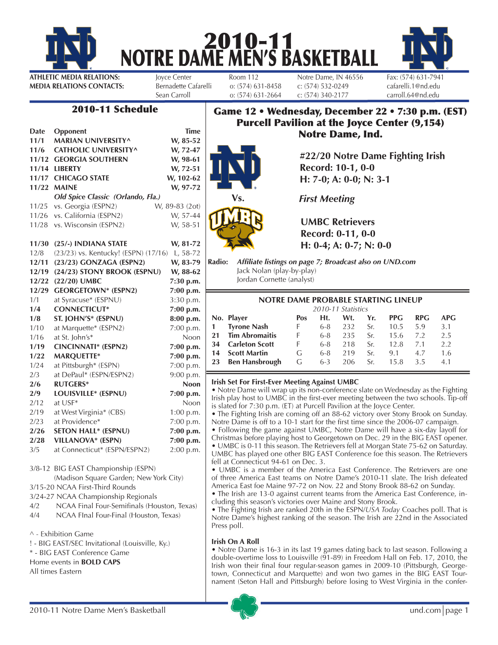 2010-11 Notre Dame Men's Basketball Notre Dame Combined Team Statistics (As of Dec 19, 2010) All Games