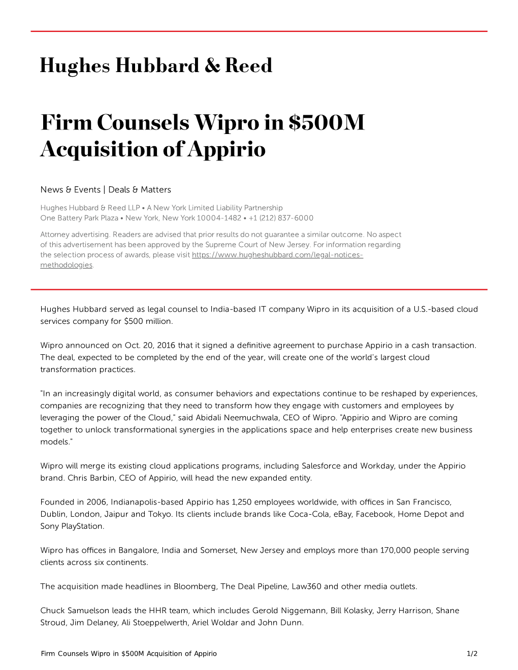 Firm Counsels Wipro in $500M Acquisition of Appirio