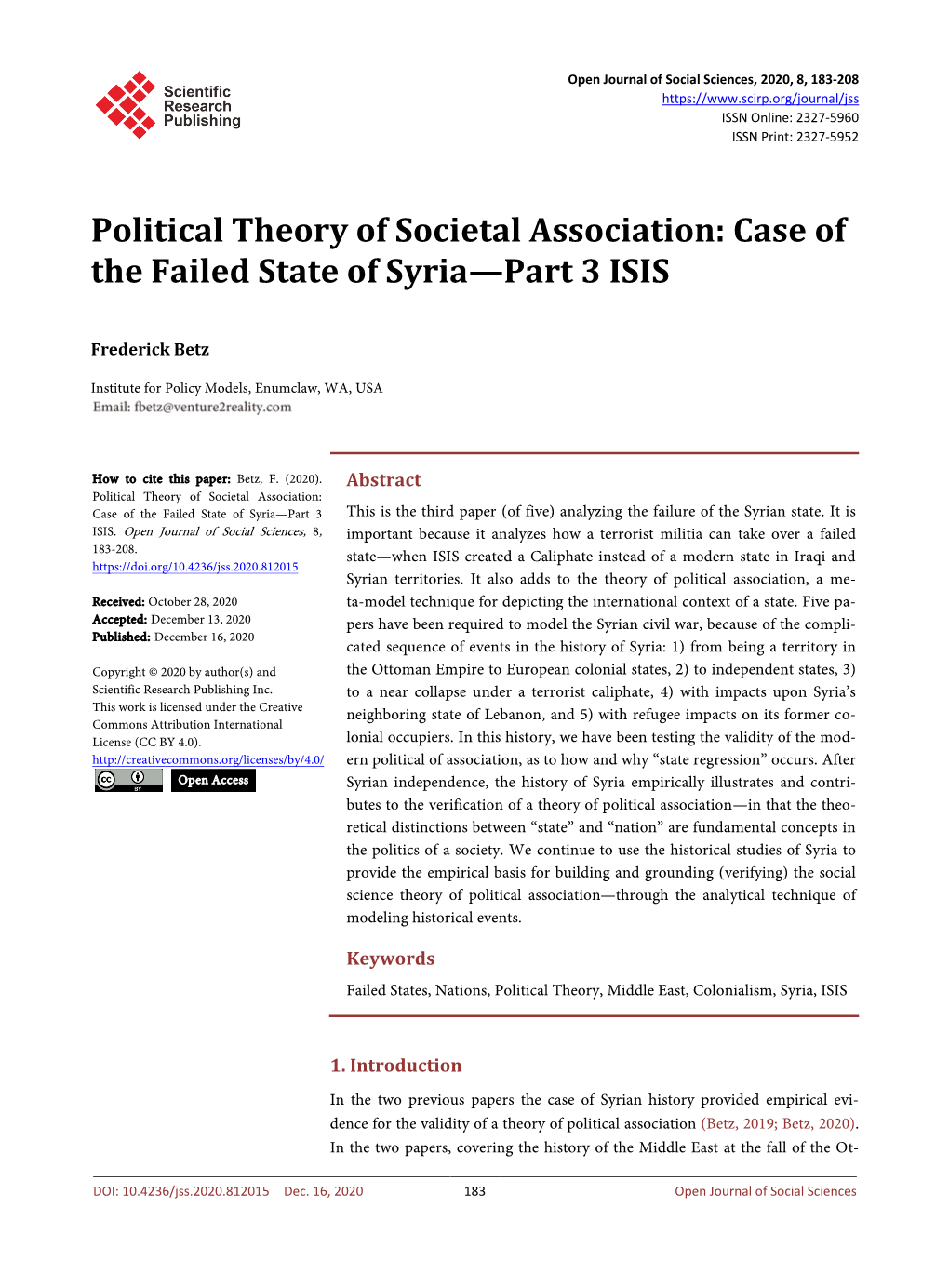 Political Theory of Societal Association: Case of the Failed State of Syria—Part 3 ISIS