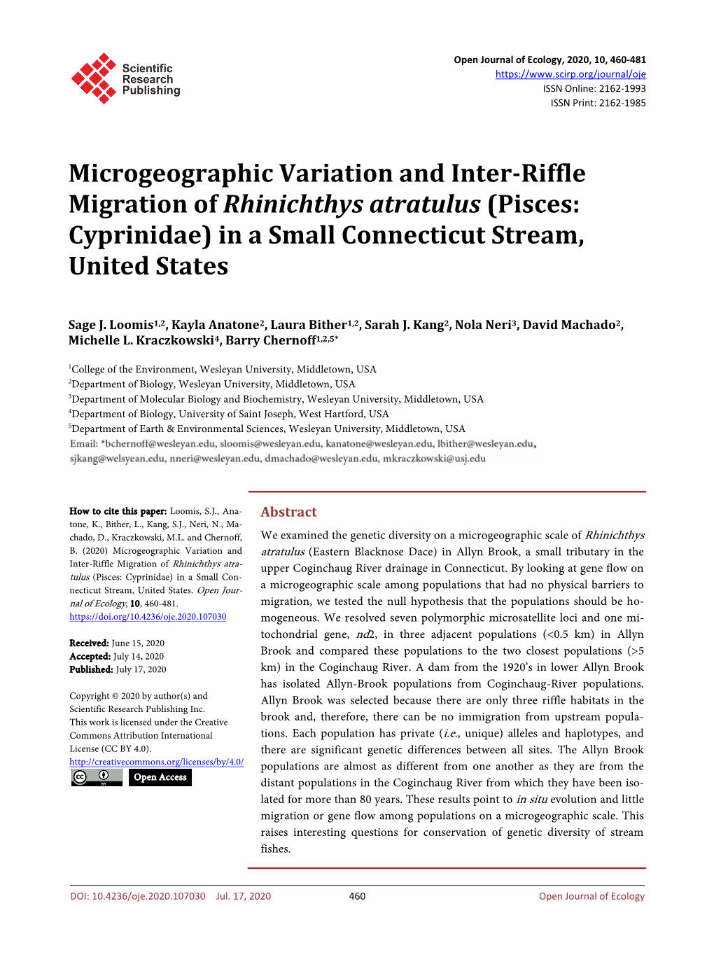 Microgeographic Variation and Inter-Riffle Migration of Rhinichthys Atratulus (Pisces: Cyprinidae) in a Small Connecticut Stream, United States