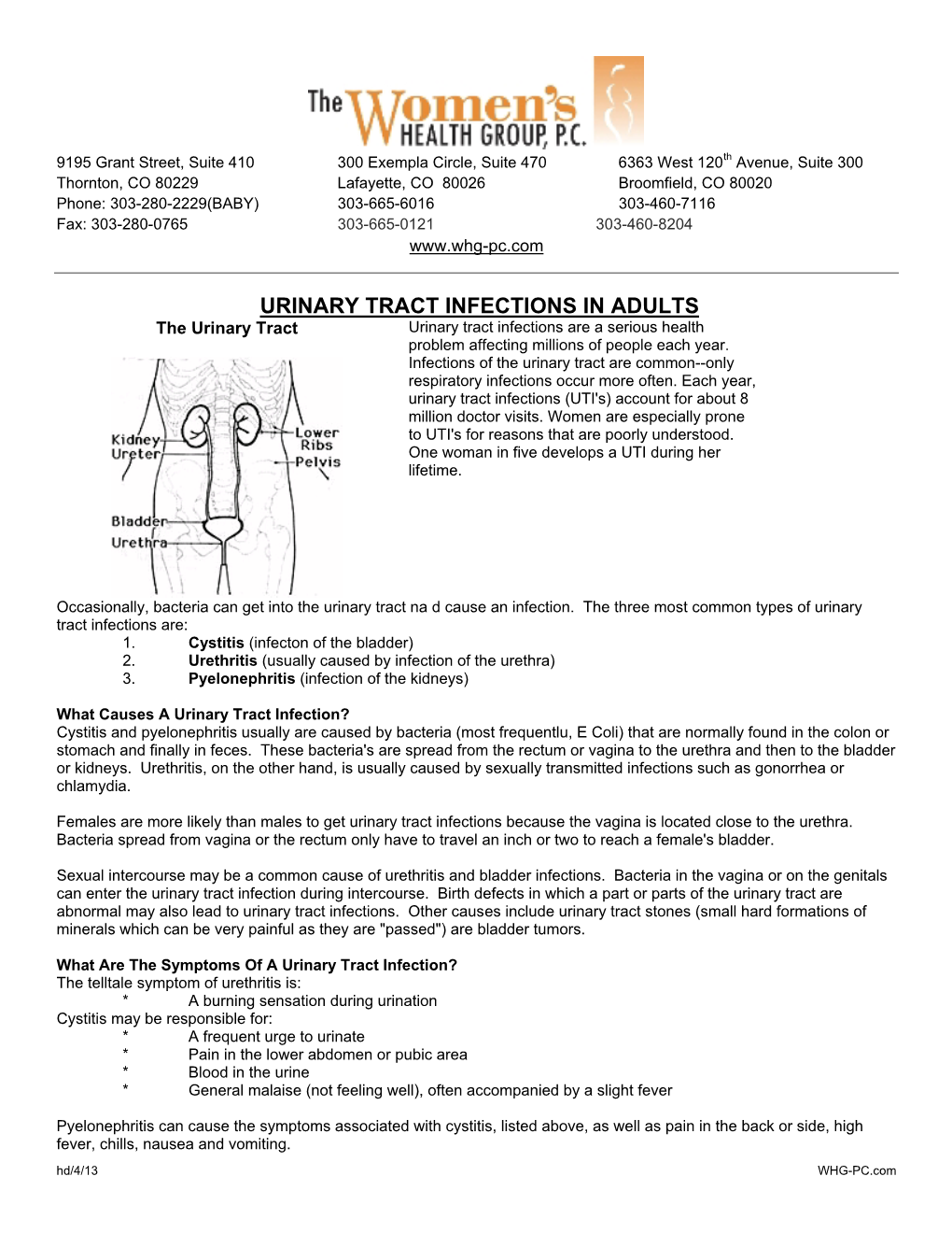 URINARY TRACT INFECTIONS in ADULTS the Urinary Tract Urinary Tract Infections Are a Serious Health Problem Affecting Millions of People Each Year