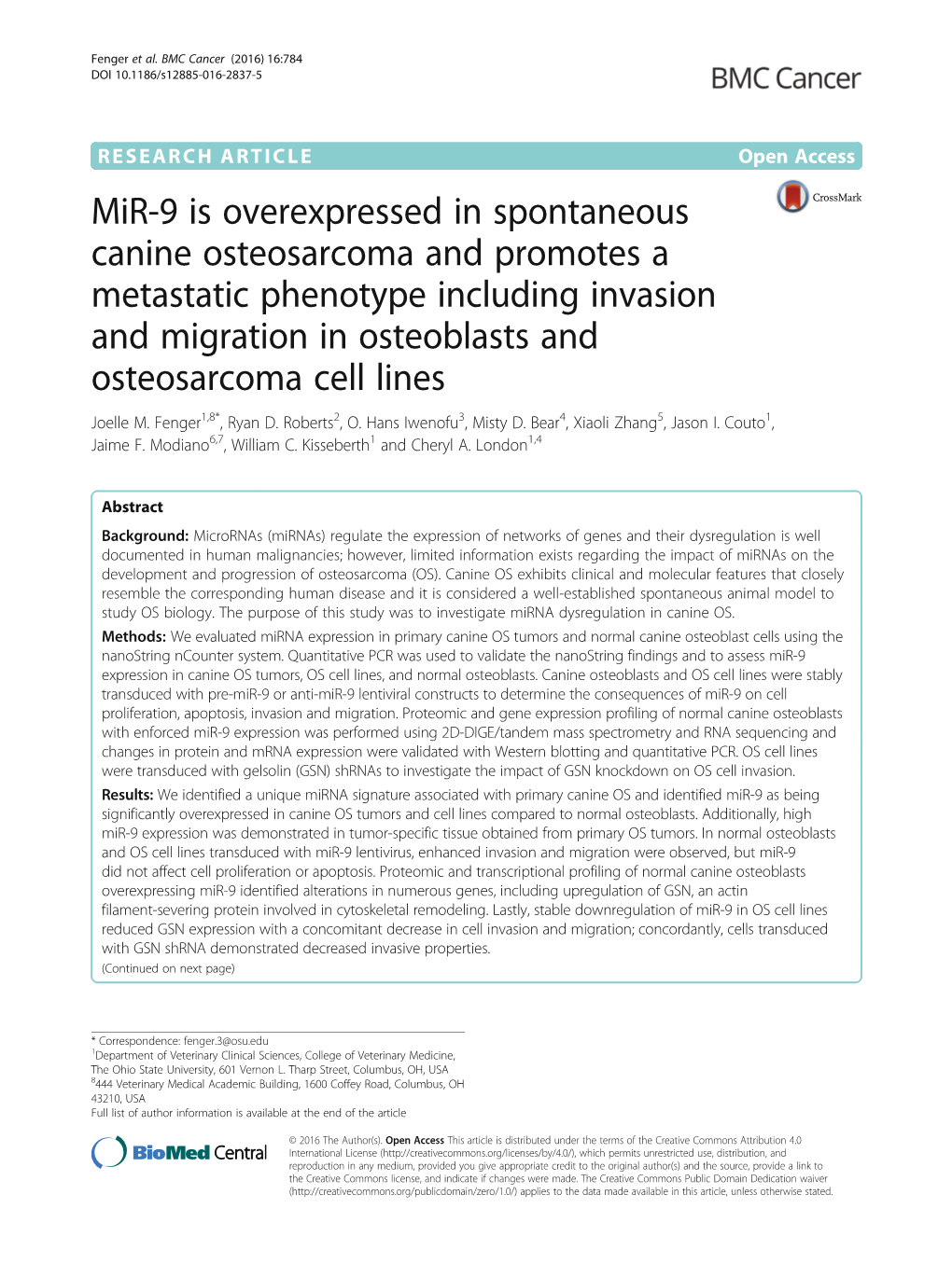 Mir-9 Is Overexpressed in Spontaneous Canine Osteosarcoma