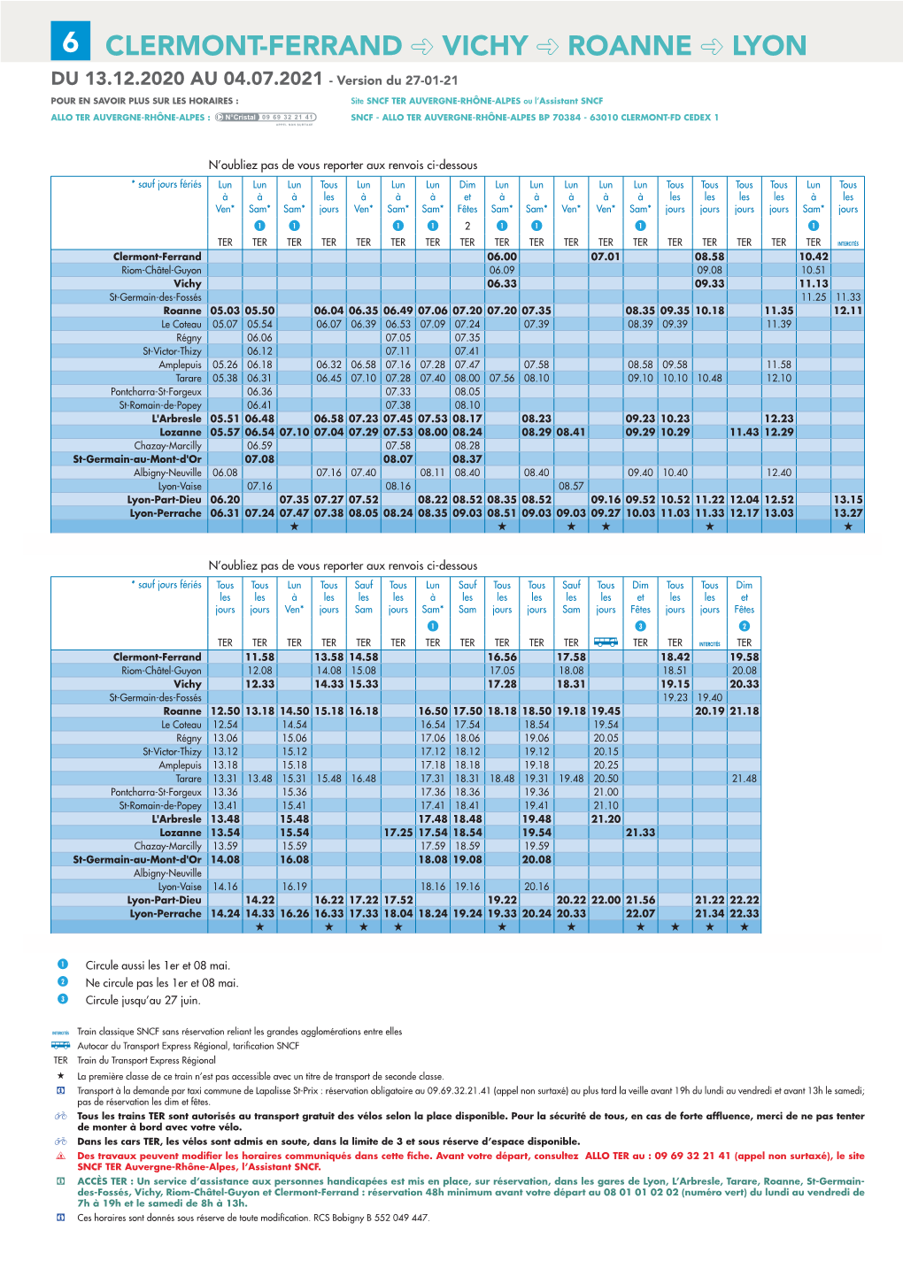 CLERMONT-FERRAND VICHY ROANNE LYON DU 13.12.2020 AU 04.07.2021 - Version Du 27-01-21