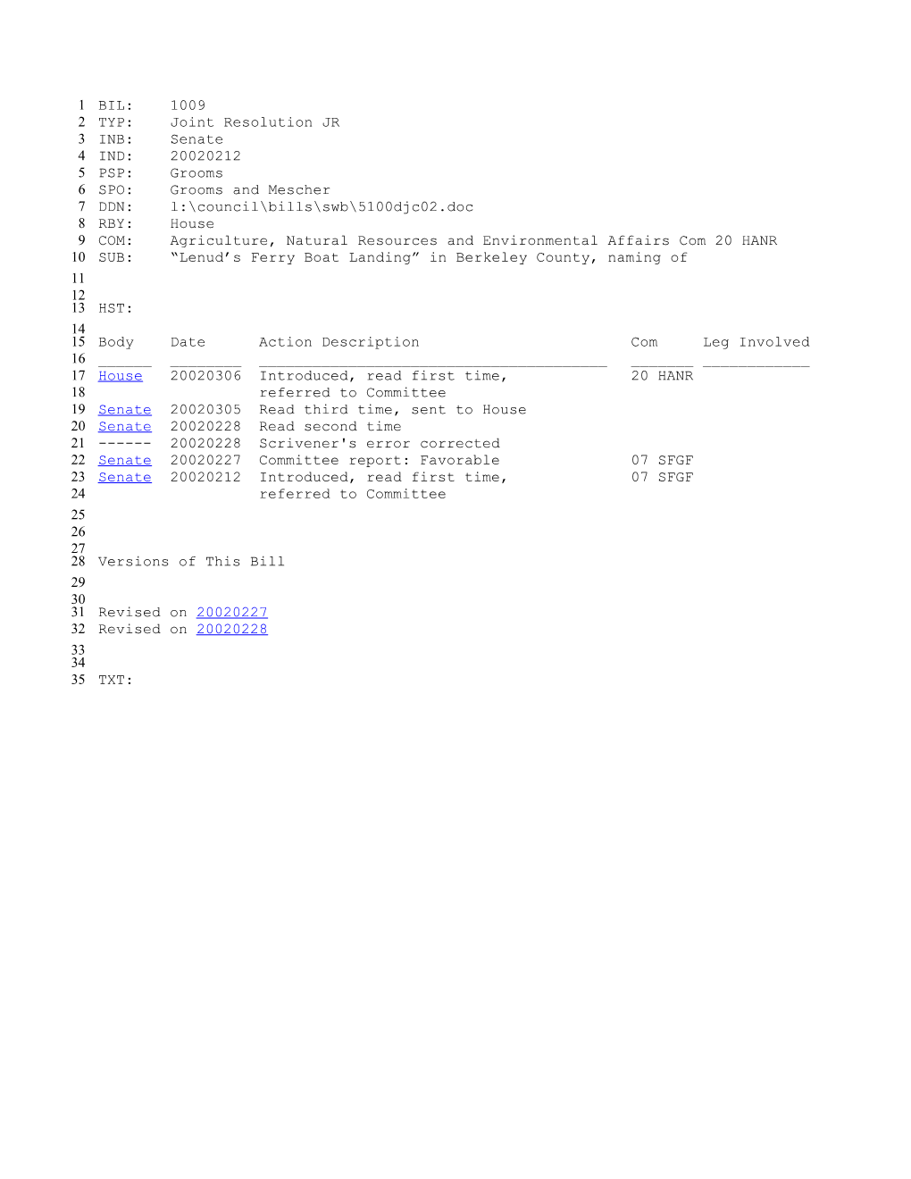 2001-2002 Bill 1009: Lenud S Ferry Boat Landing in Berkeley County, Naming of - South Carolina