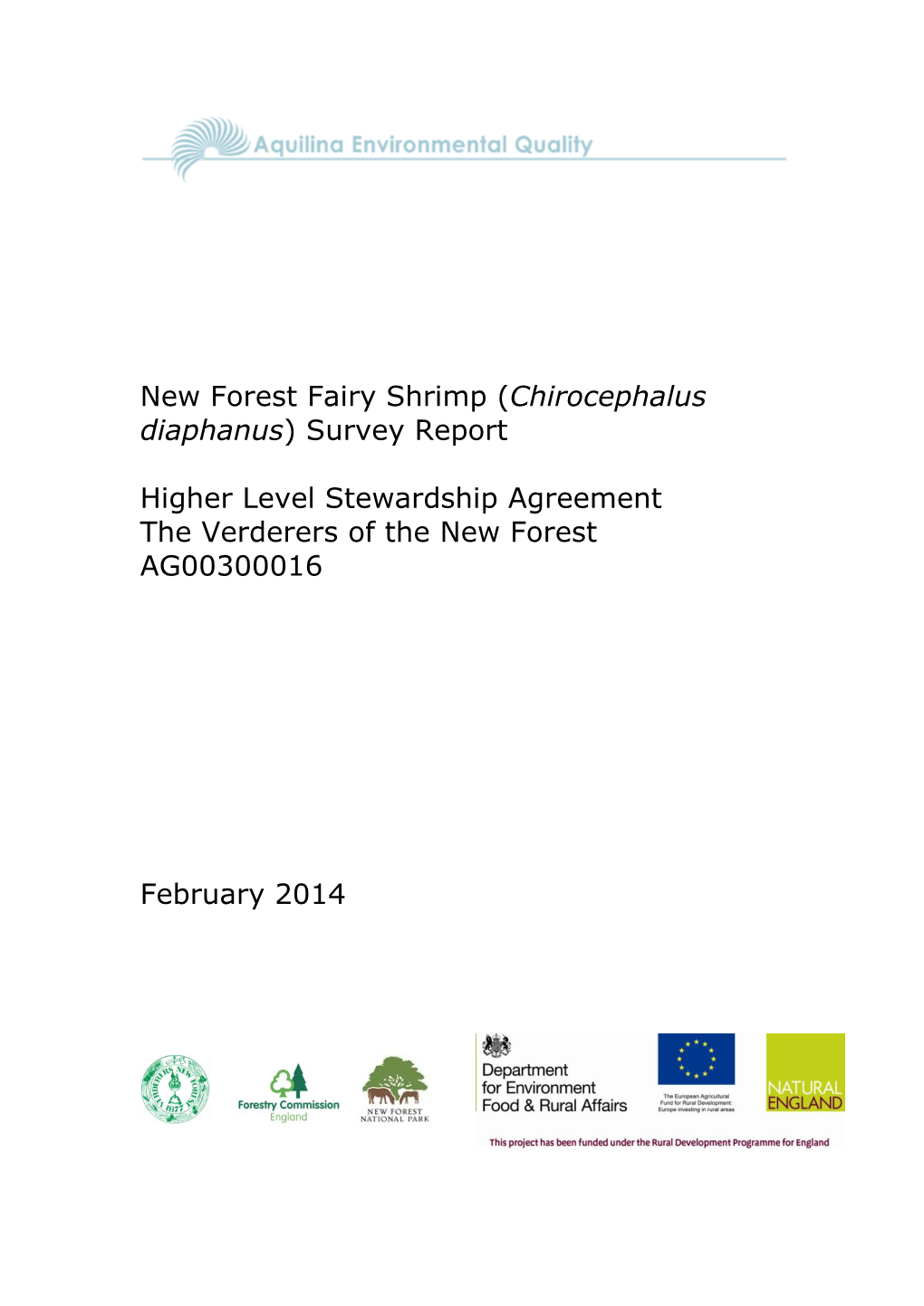 New Forest Fairy Shrimp (Chirocephalus Diaphanus) Survey Report