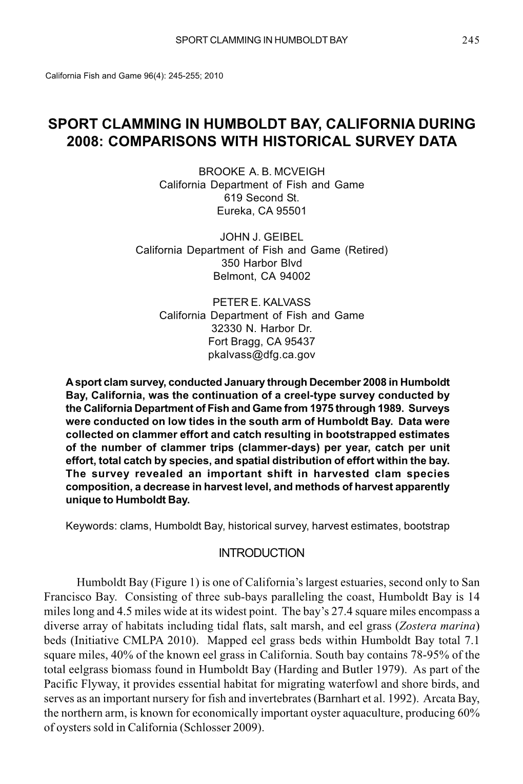 Sport Clamming in Humboldt Bay, California During 2008: Comparisons with Historical Survey Data