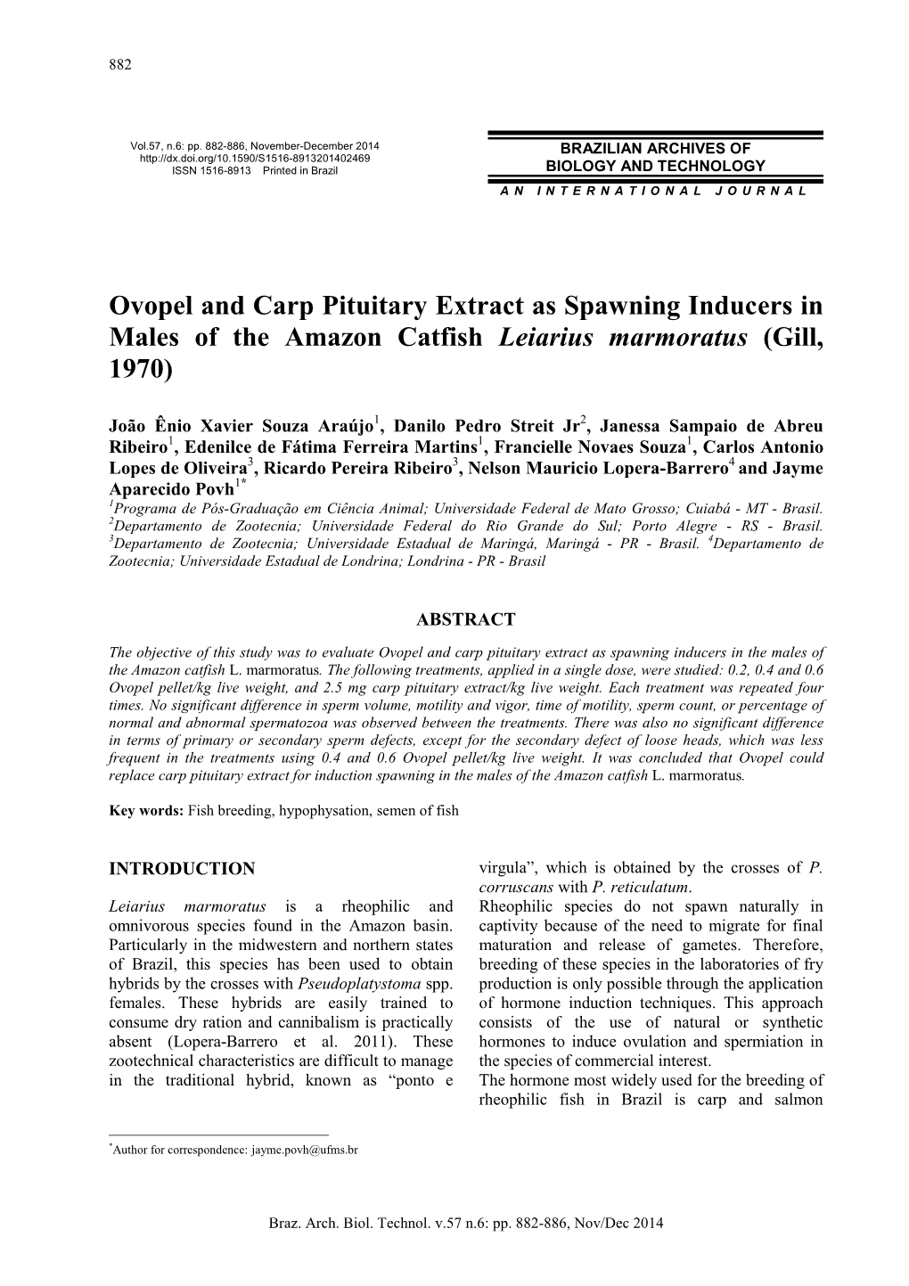 Ovopel and Carp Pituitary Extract As Spawning Inducers in Males of the Amazon Catfish Leiarius Marmoratus (Gill, 1970)
