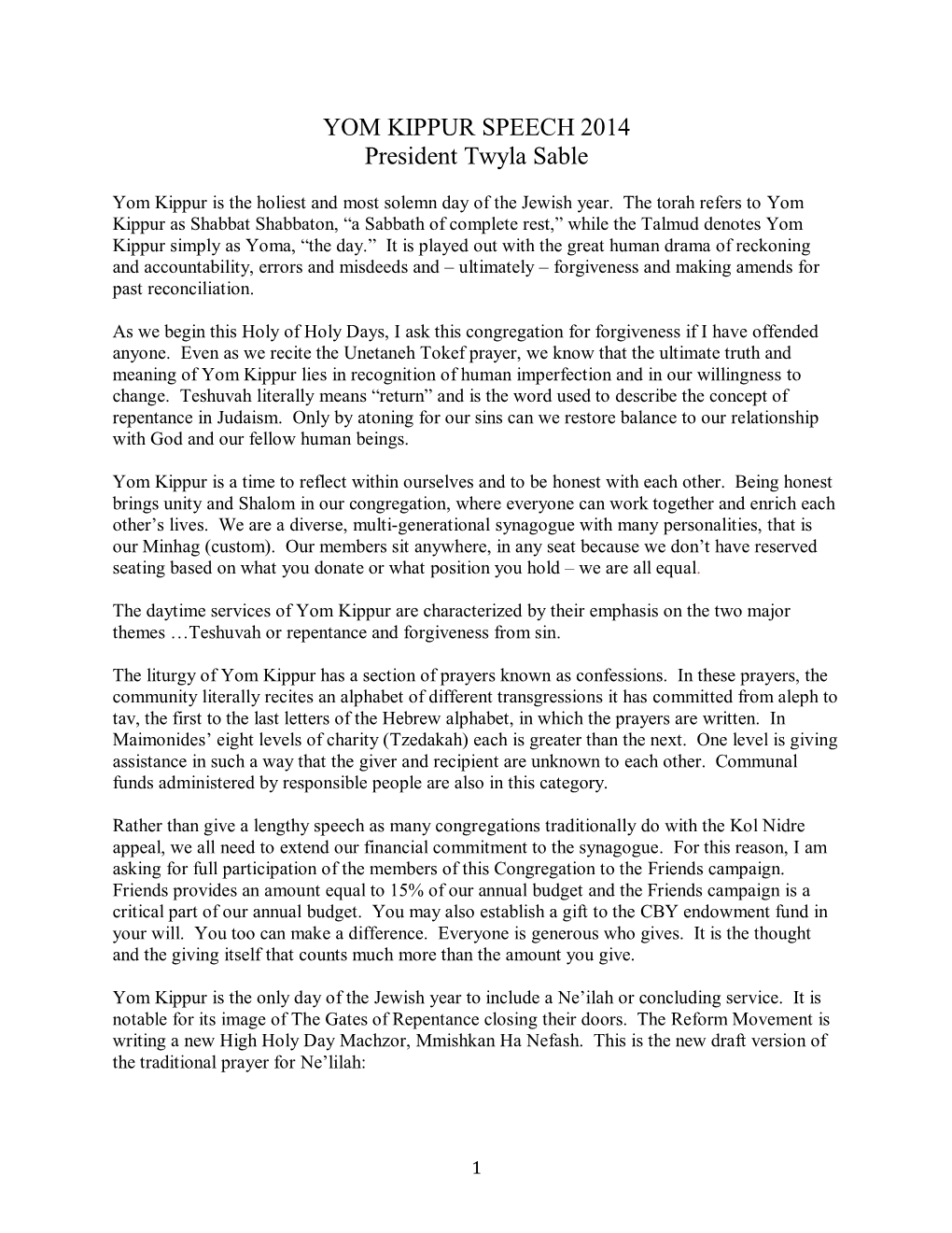 YOM KIPPUR SPEECH 2014 President Twyla Sable